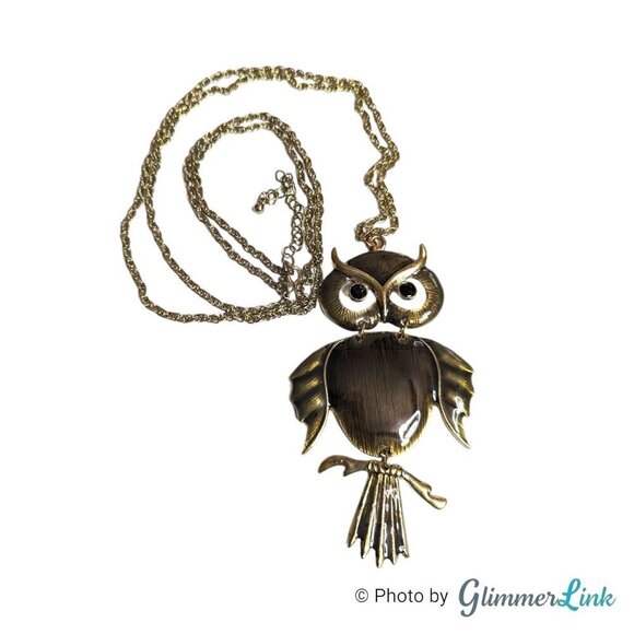 Articulated Enameled Owl Long Antiqued Gold Tone Chain Necklace - Picture 1 of 14